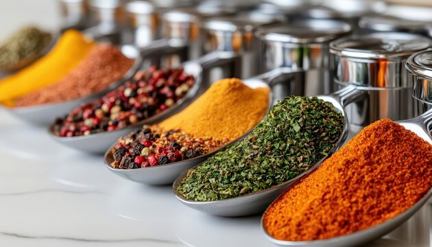 Measuring spoons with spices neatly organized on a kitchen counter