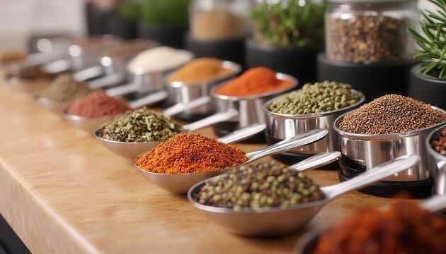 Measuring spoons with spices neatly organized on a kitchen counter