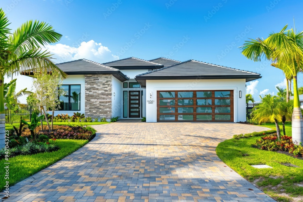 Poster a residential property with a driveway and palm trees in the front yard