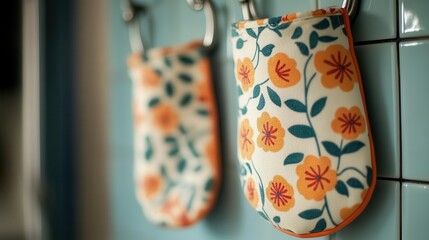 Oven mitts with pattern hanging on a hook, ready to protect hands