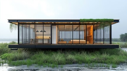 Obraz premium Modern Glass House with Greenery on Roof and Deck Surrounded by Grass and Water