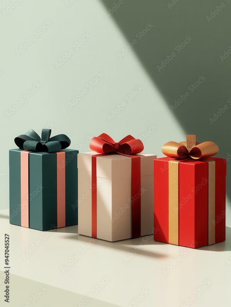 Poster three minimalist gift boxes with bright ribbons are arranged on a surface, adding a festive touch to
