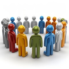 A diverse group of people of different colors and genders stand in a loose circle facing one another against a white background, representing inclusivity and unity.