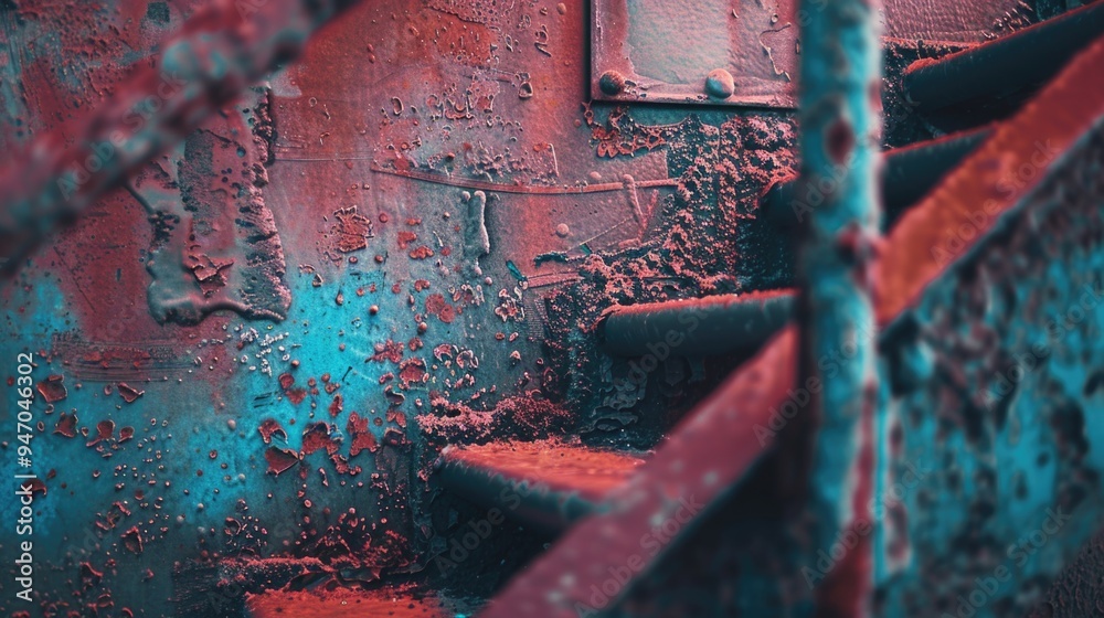 Poster Old, worn-out staircase leading up to the top of an abandoned building