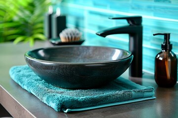 A modern bathroom showcases a sleek dark vessel sink with a stylish faucet and a vibrant blue tile backsplash, creating a luxurious and contemporary design concept.