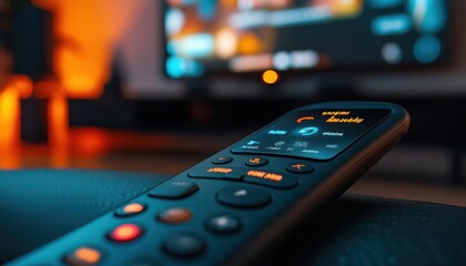 Smart TV with remote control displaying a streaming service menu