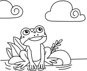 Drawing outline frog sitting on some stones in a lake.eps