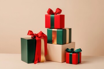 Obraz premium Colorful gift boxes in various shapes are artfully stacked, adorned with vibrant ribbons, perfect for holiday celebrations and decorations. Generative AI