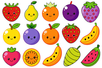 Cute Kawaii Fruit Characters:  A delightful collection of 18 charmingly illustrated fruits with adorable faces, perfect for adding a touch of sweetness and joy to your designs.  Each fruit is rendered