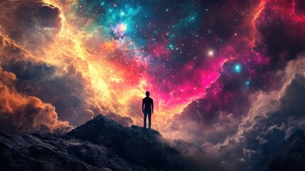 Fototapeta premium Solitary Figure Gazing at a Vibrant Cosmic Landscape