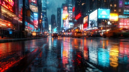 Obraz premium Vibrant city street illuminated with colorful neon lights reflecting on wet pavement, creating a stunning, rainy urban landscape.