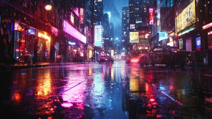 Vibrant city street at night with colorful neon lights and reflections on wet pavement, creating a bustling urban atmosphere.