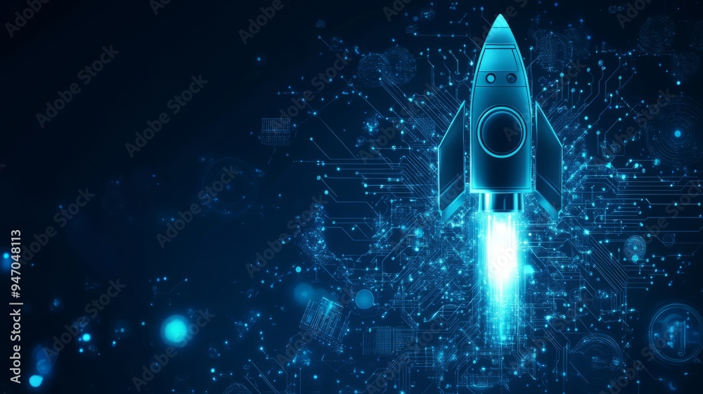 Poster abstract digital rocket, light cpu processor on technology blue background. semiconductor or microch