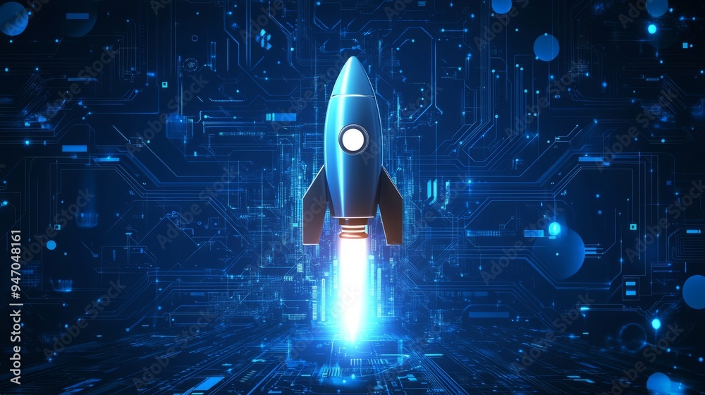 Poster abstract digital rocket, light cpu processor on technology blue background. semiconductor or microch