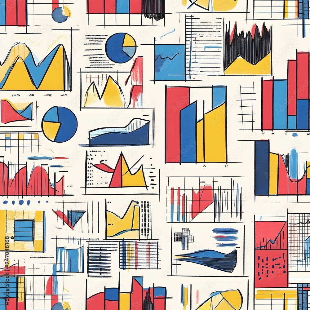 Poster repeating geometric pattern of business graphs charts and data visualization elements for finance an