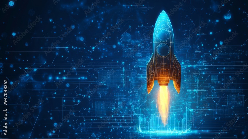Poster abstract digital rocket, light cpu processor on technology blue background. semiconductor or microch