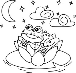 Drawing outline frog lying on a lotus flower in a lake.eps