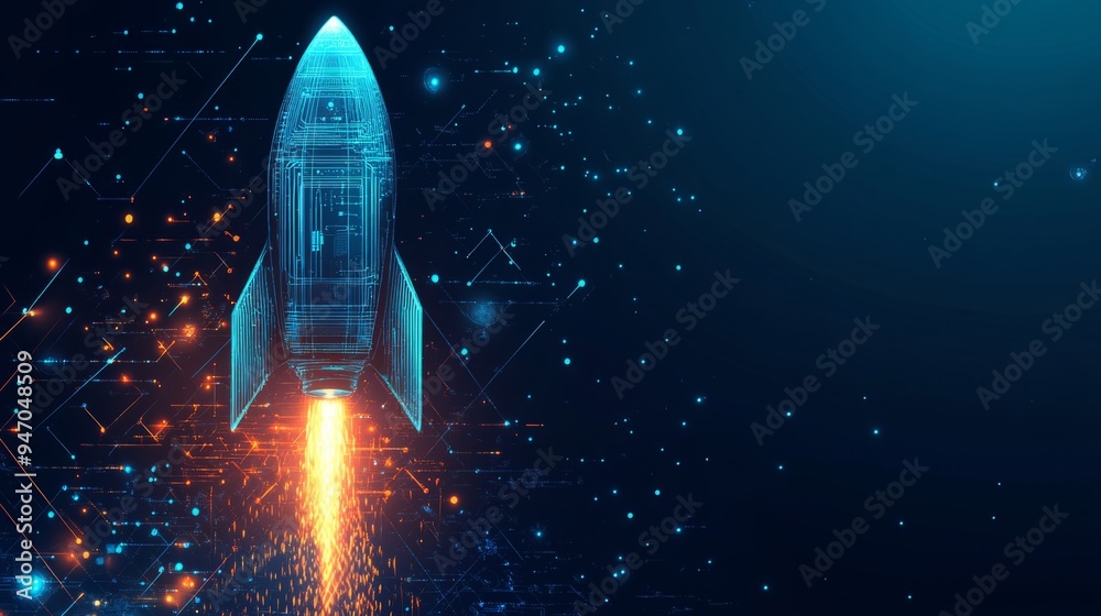 Poster abstract digital rocket, light cpu processor on technology blue background. semiconductor or microch