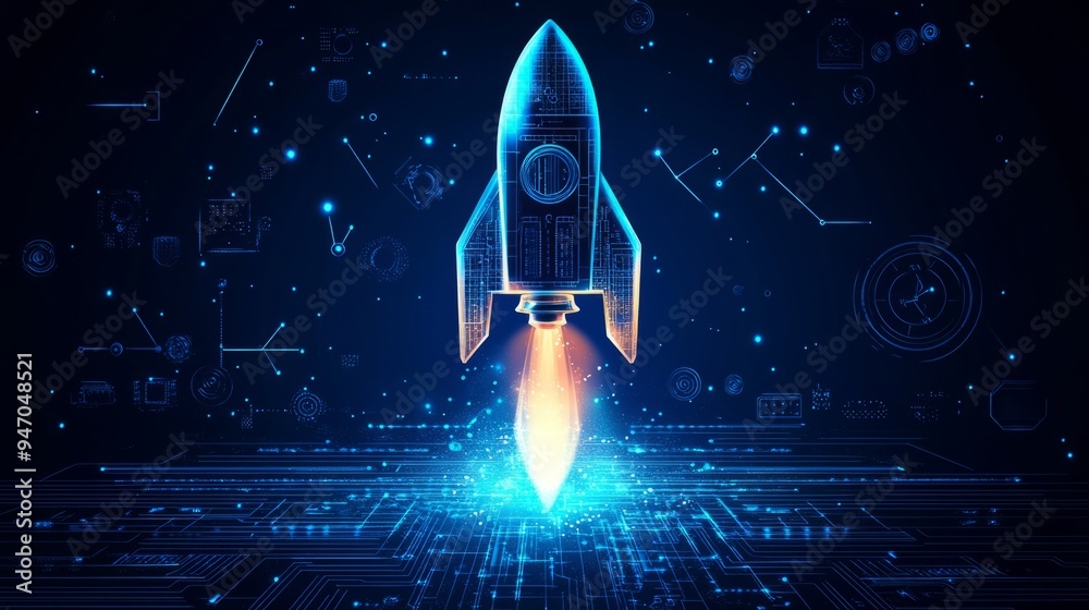 Poster abstract digital rocket, light cpu processor on technology blue background. semiconductor or microch