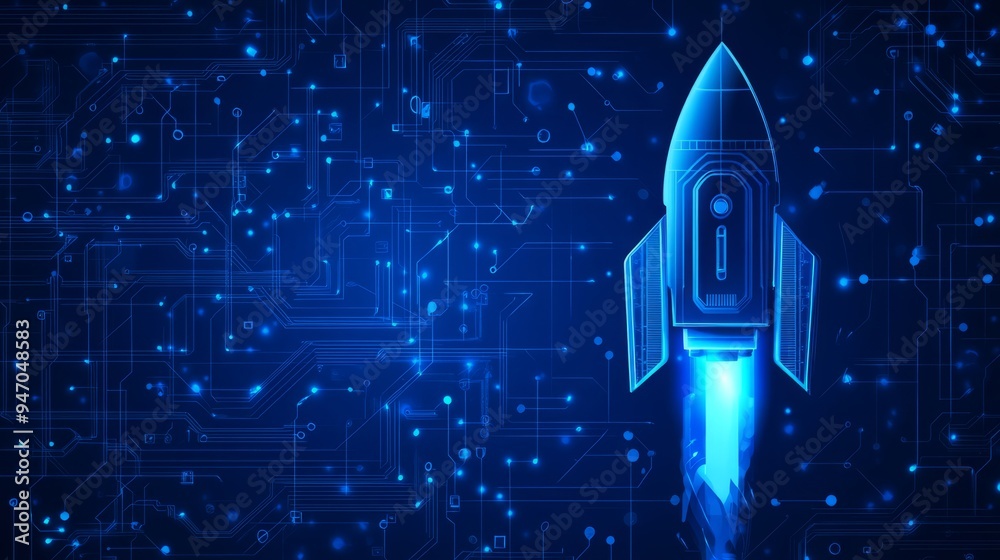 Poster abstract digital rocket, light cpu processor on technology blue background. semiconductor or microch
