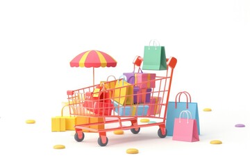 A shopping cart filled with colorful bags, ideal for use in promotional or commercial settings
