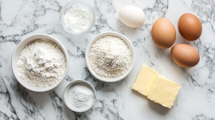 Ingredients for a baking recipe, including flour, sugar, eggs, and butter, arranged neatly on a marble countertop