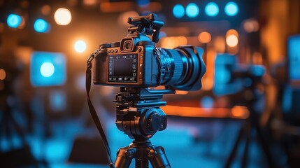Tripod with camera set up for a photoshoot, with lighting equipment around