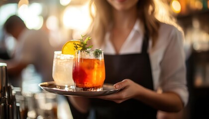 Waitress carrying a tray with drinks, serving customers in a busy restaurant