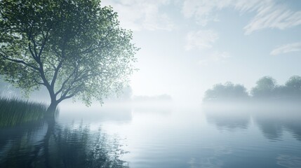 Fototapeta premium Tranquil scene of a serene lake surrounded by trees in the early morning mist, reflecting a peaceful atmosphere under soft diffused light.