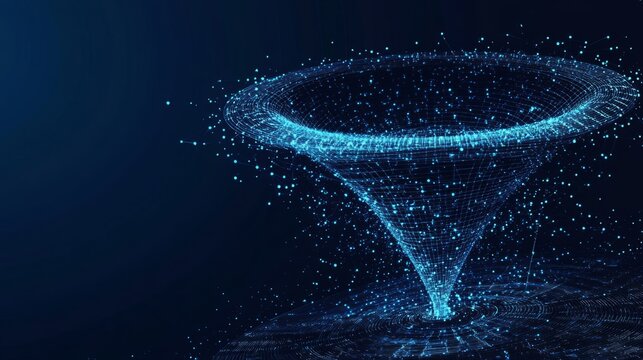 Abstract funnel with data flow and globe Earth on dark blue technology background. Global network metaphor. Big data concept. Low poly wireframe vector illustration in futuristic hologram style. With 