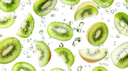 Fototapeta premium Slices of Kiwi Fruit Falling Through Water with Bubbles