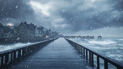 Stormy seaside pier with rough waves crashing, dark clouds, and snow falling. Moody winter coastal scenery.