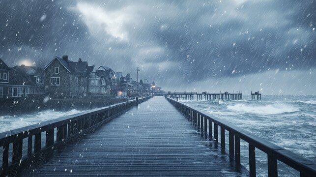 Stormy seaside pier with rough waves crashing, dark clouds, and snow falling. Moody winter coastal scenery.