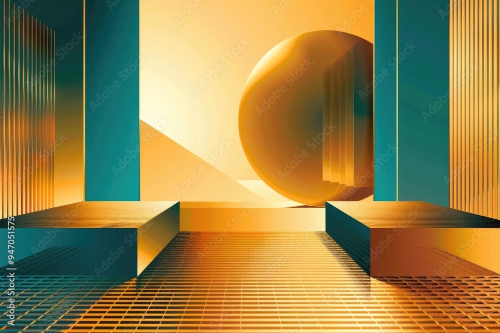Poster a minimalist interior featuring a single golden sphere on a table or shelf