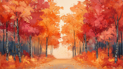 Vibrant painting of a serene autumn pathway lined with tall birch trees, adorned with bright orange and red foliage, creating a warm and inviting atmosphere