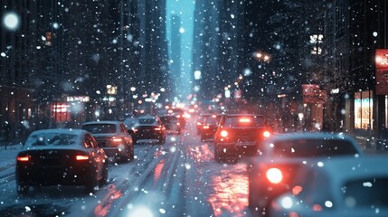 Snowy city street with traffic during winter evening, illuminated by streetlights and car headlights, capturing the essence of urban winter beauty.