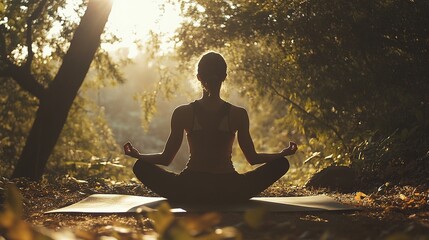 Obraz premium Person sitting cross-legged on a yoga mat in a serene outdoor setting, eyes closed, and hands resting on knees in a meditation pose with soft sunlight filtering through the trees