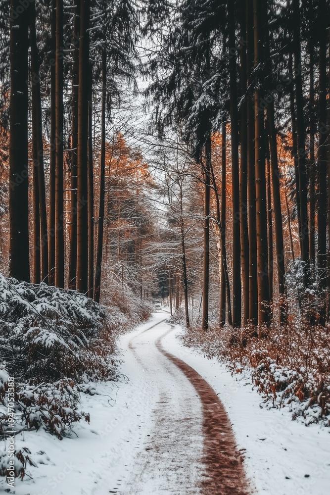 Poster Winter path through snow-dusted trees in a serene forest during late afternoon