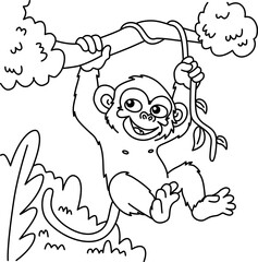 Drawing outline very cheerful monkey swinging on a branch.eps