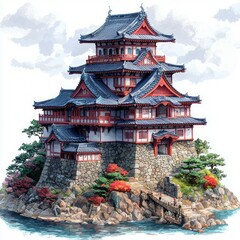 Obraz premium Traditional Japanese Castle on an Island with Red Flowers and a Stone Bridge