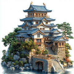 Fototapeta premium Traditional Japanese Castle on a Cliffside with a Bridge and Surrounding Water