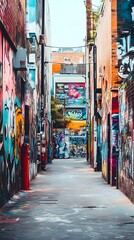 Fototapeta premium A wide shot of an urban alley adorned with diverse graffiti art, featuring bold designs and characters, with plenty of copy space on one side