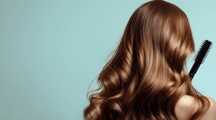 Fototapeta premium A stylist expertly curling long, flowing hair using a curling iron against a light solid color background