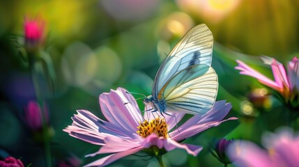 A butterfly delicately feeding on a flower's sweet nectar