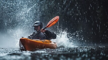 Fototapeta premium Kayaker paddling under waterfall in heavy rain