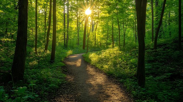 A serene hiking trail winding through a lush green forest with dappled sunlight filtering through the leaves
