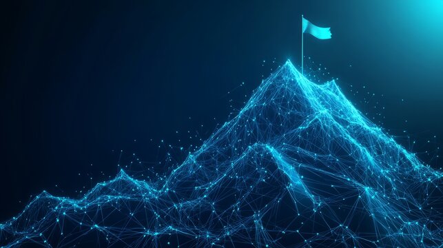 Abstract growth concept. The digital peak of a mountain with a flag on the top and arrows up. Boosting of a career or great results of a business. Low poly wireframe vector illustration. 