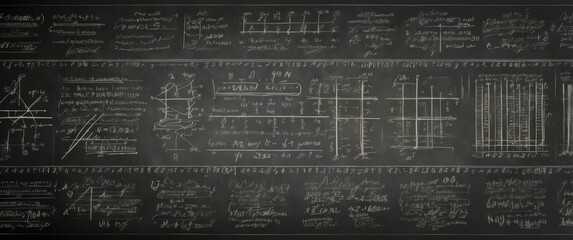 A Blackboard Filled with White Chalkboard Equations and Diagrams