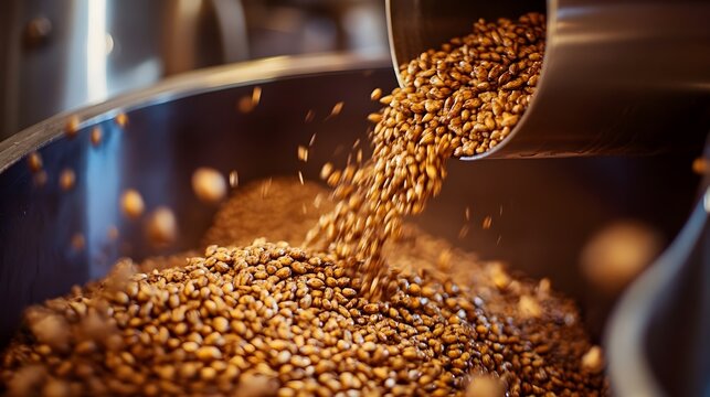 A close-up of a home brewer pouring malt into a brewing kettle, capturing the rich texture and color of the grains