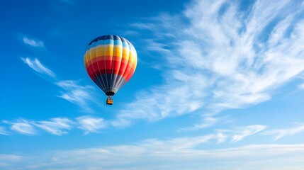 Naklejka premium A colorful hot air balloon floating gently in a clear blue sky, with wispy white clouds in the background, creating a serene atmosphere